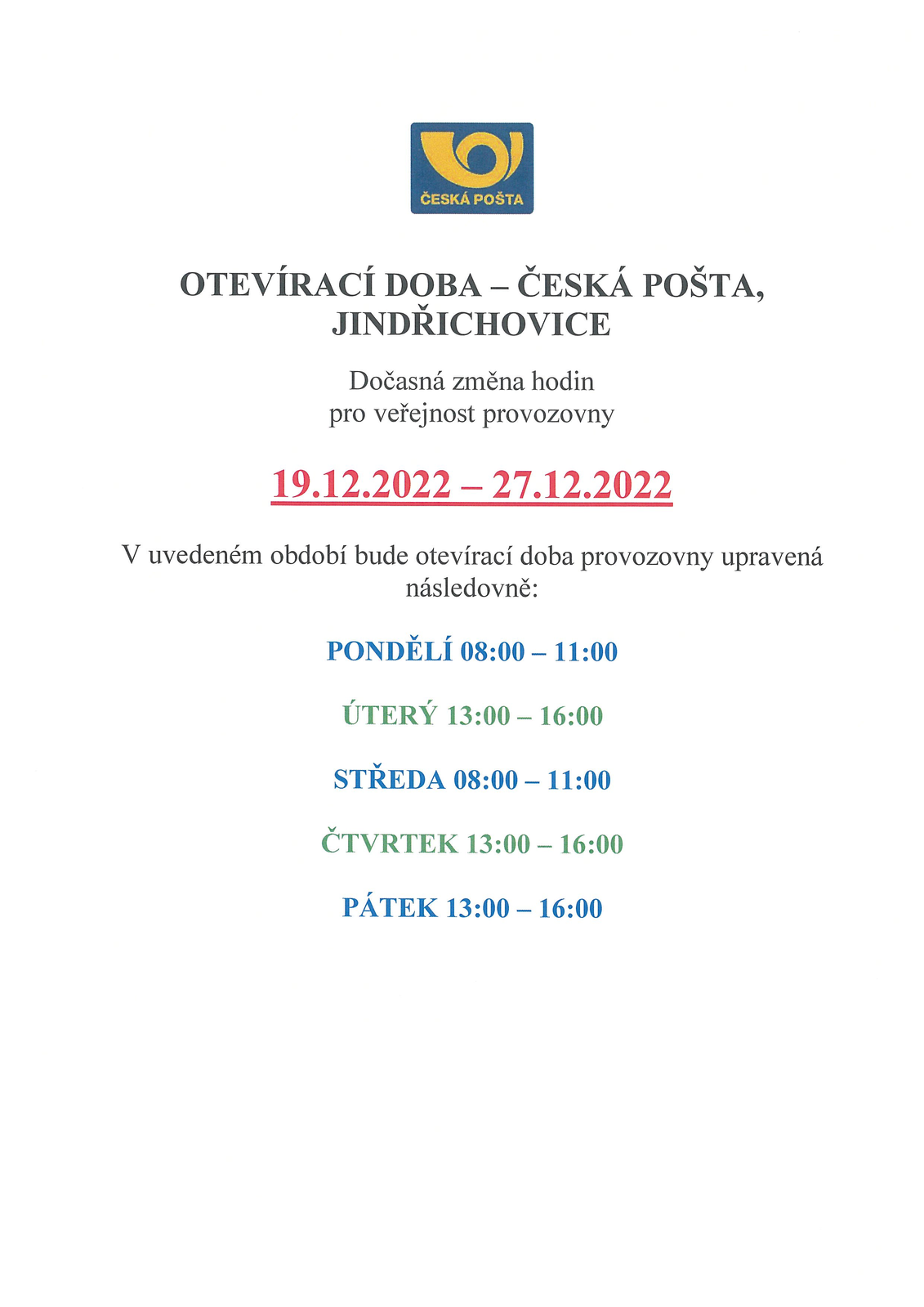 Změna provozní doby - Česká pošta, provozovna Jindřichovice v Krušných horách.TIF